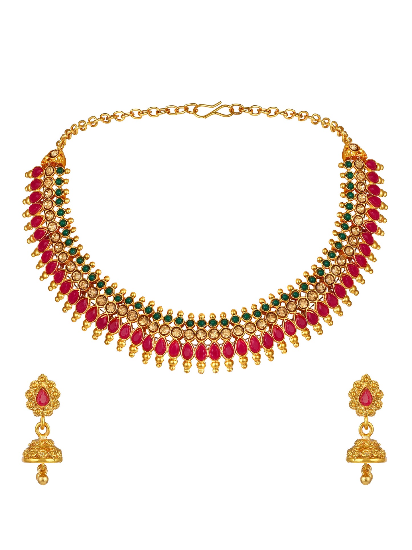 Gold-Plated Artificial Stone Kundan Pearl Necklace Set With Jhumka Earring