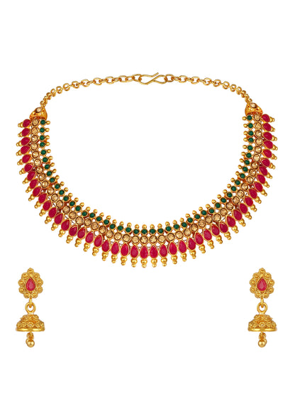 Gold-Plated Artificial Stone Kundan Pearl Necklace Set With Jhumka Earring
