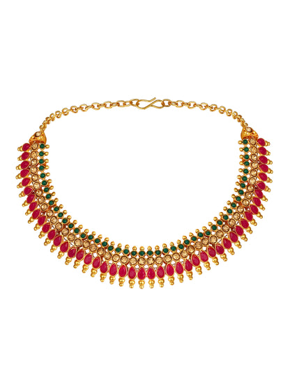 Gold-Plated Artificial Stone Kundan Pearl Necklace Set With Jhumka Earring