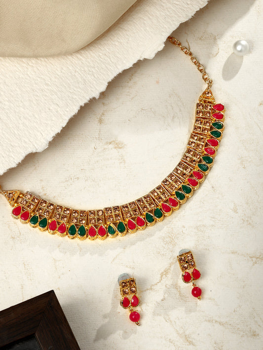Gold-Plated Multicolor Artificial Stone Kundan Pearl Drop Earring With Necklace Set