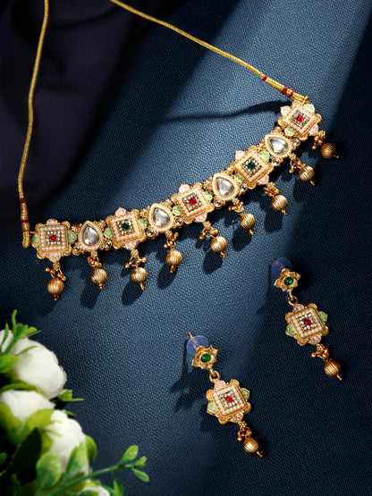 Gold-Plated Multicolor American Diamonds Pearl  Dangle Earrings With Necklace Set