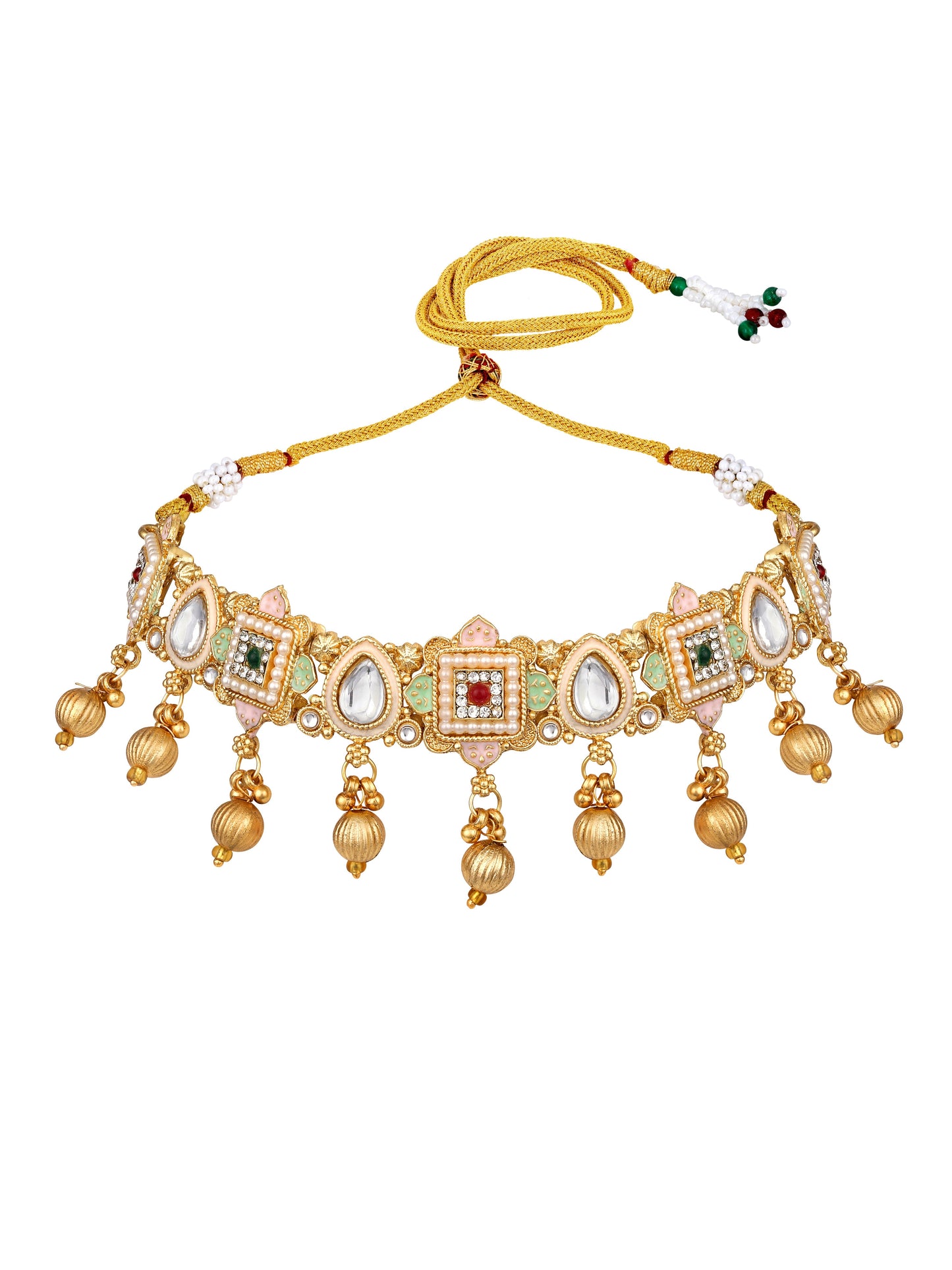 Gold-Plated Multicolor American Diamonds Pearl  Dangle Earrings With Necklace Set