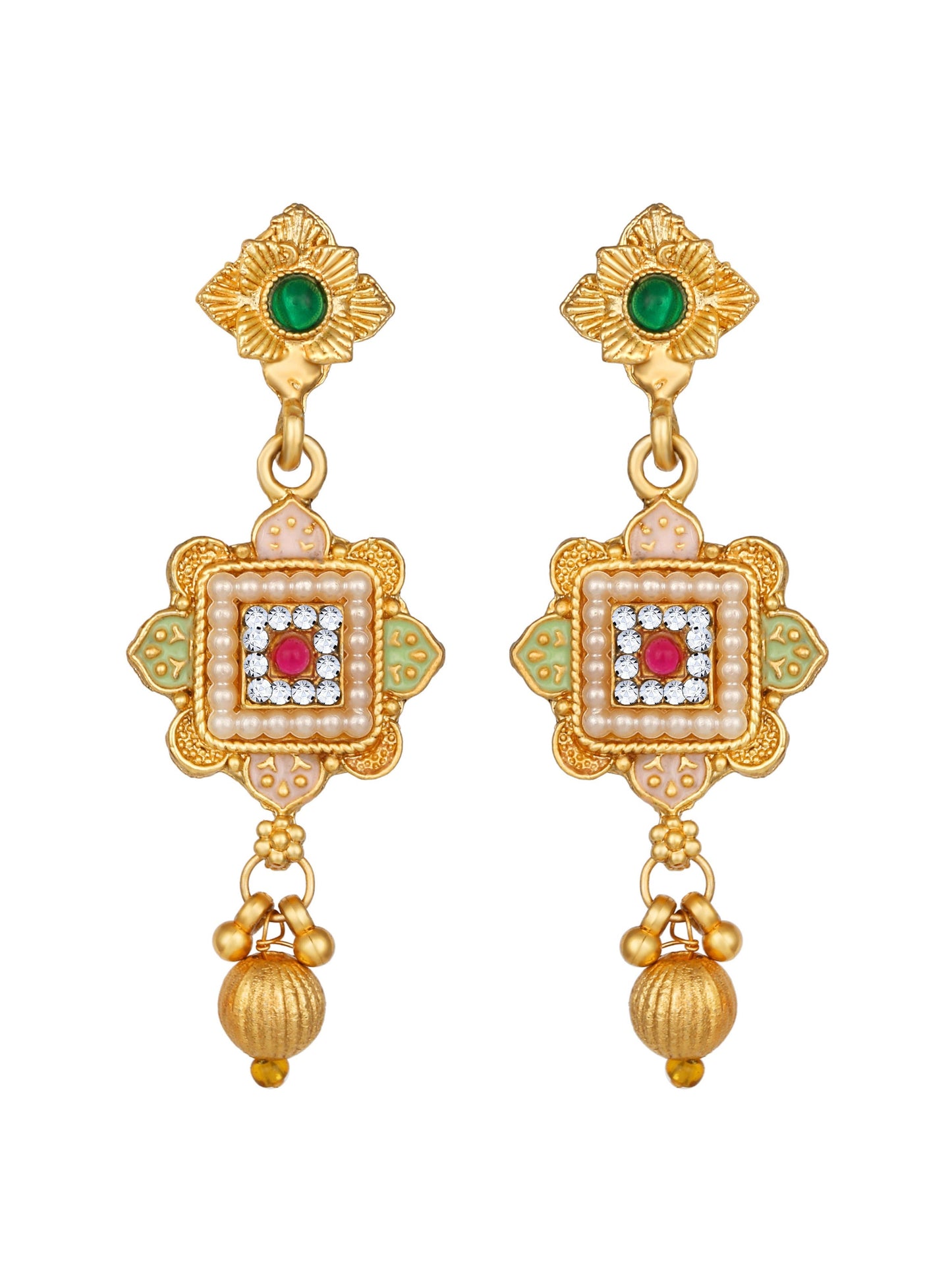 Gold-Plated Multicolor American Diamonds Pearl  Dangle Earrings With Necklace Set