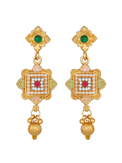 Gold-Plated Multicolor American Diamonds Pearl  Dangle Earrings With Necklace Set