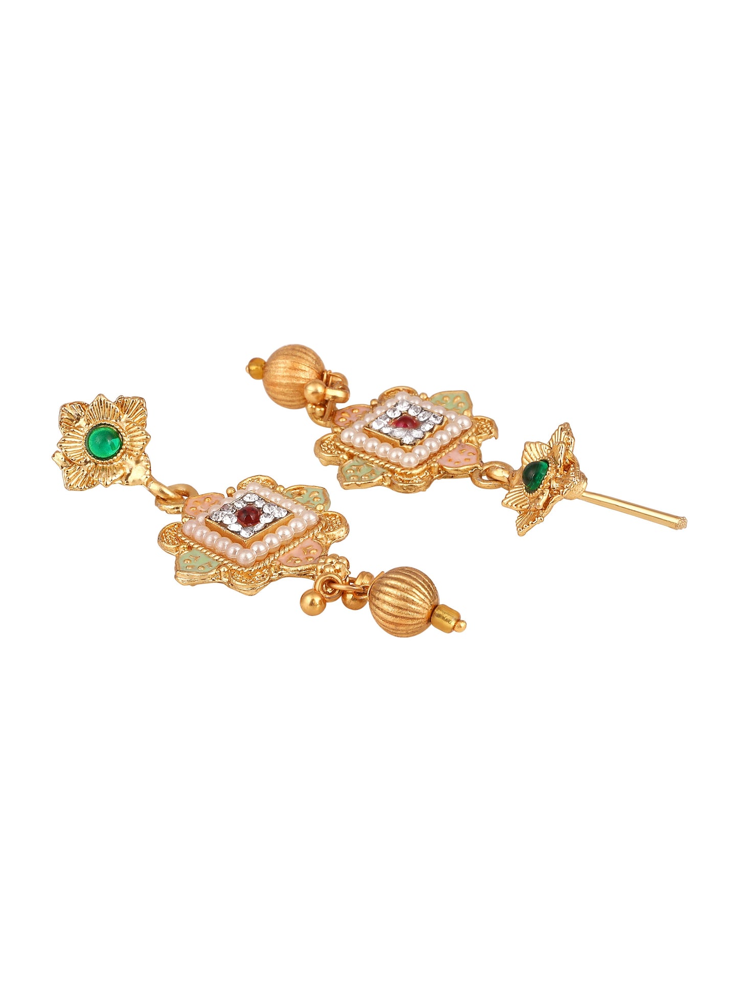 Gold-Plated Multicolor American Diamonds Pearl  Dangle Earrings With Necklace Set