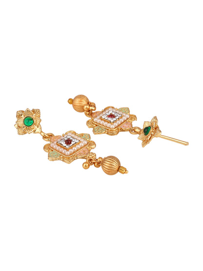 Gold-Plated Multicolor American Diamonds Pearl  Dangle Earrings With Necklace Set