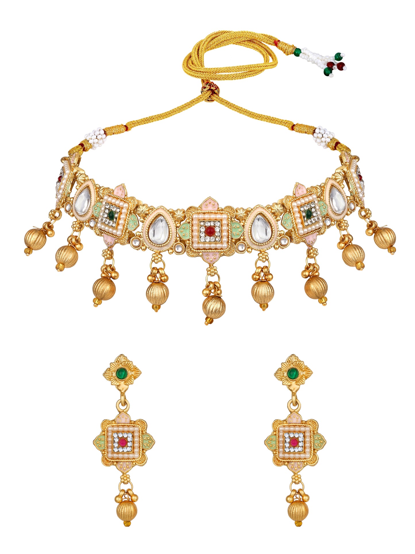 Gold-Plated Multicolor American Diamonds Pearl  Dangle Earrings With Necklace Set
