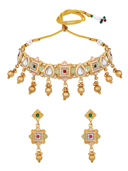 Gold-Plated Multicolor American Diamonds Pearl  Dangle Earrings With Necklace Set