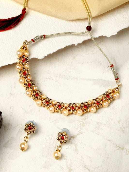 Gold-Plated Americon Diamond Necklace Set With Drop Earring