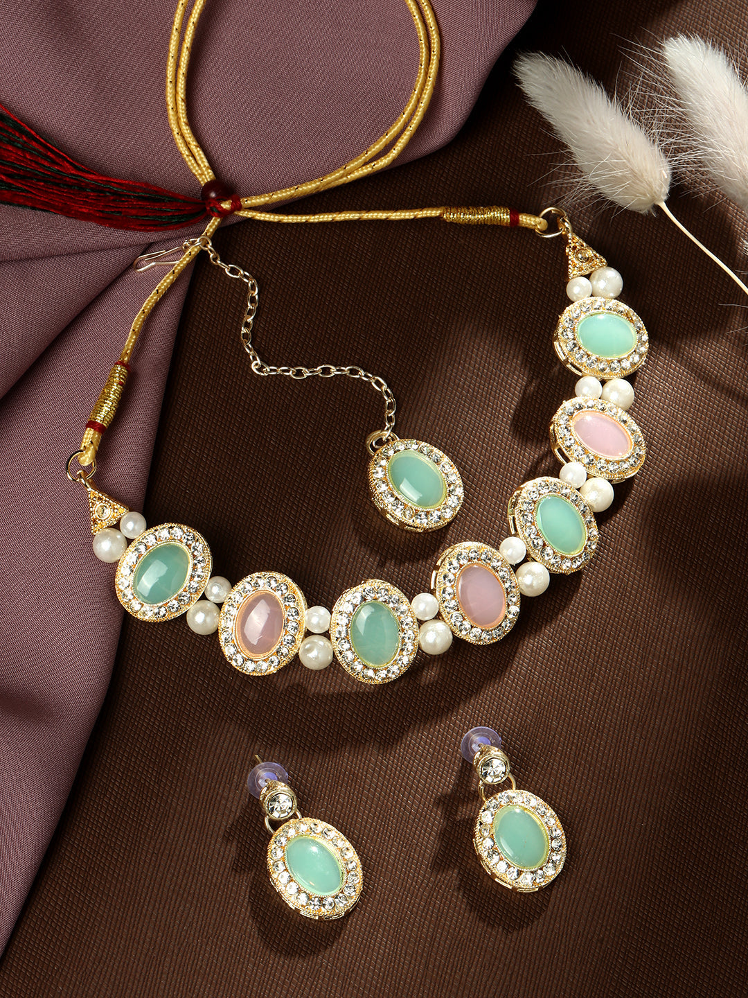 Gold-Plated American Diamonds Pearl  Necklace Set With Drop Earring