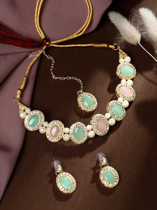 Gold-Plated American Diamonds Pearl  Necklace Set With Drop Earring