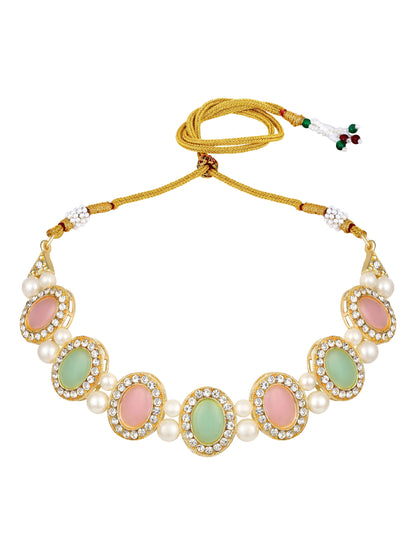 Gold-Plated American Diamonds Pearl  Necklace Set With Drop Earring