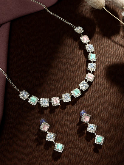 Silver-Plated American Diamond Necklace Set With Drop Earring