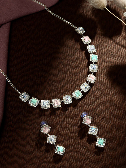 Silver-Plated American Diamond Necklace Set With Drop Earring