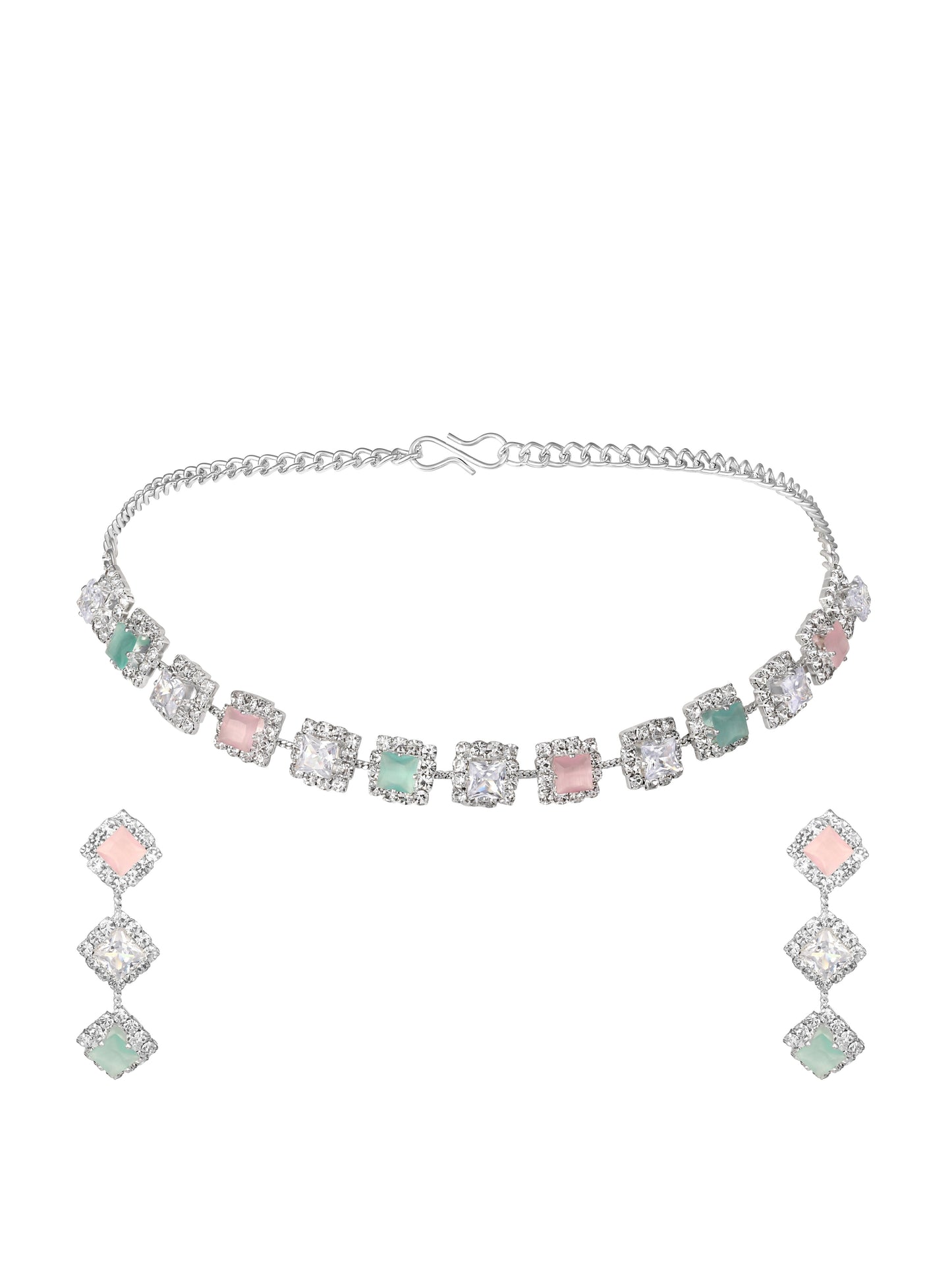 Silver-Plated American Diamond Necklace Set With Drop Earring