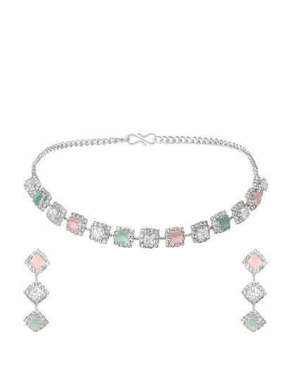 Silver-Plated American Diamond Necklace Set With Drop Earring