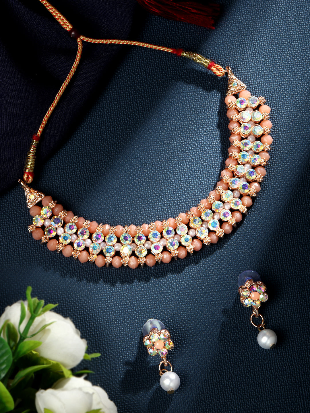 Gold Plating Kundan And Stones Necklace Set With Drop Earring