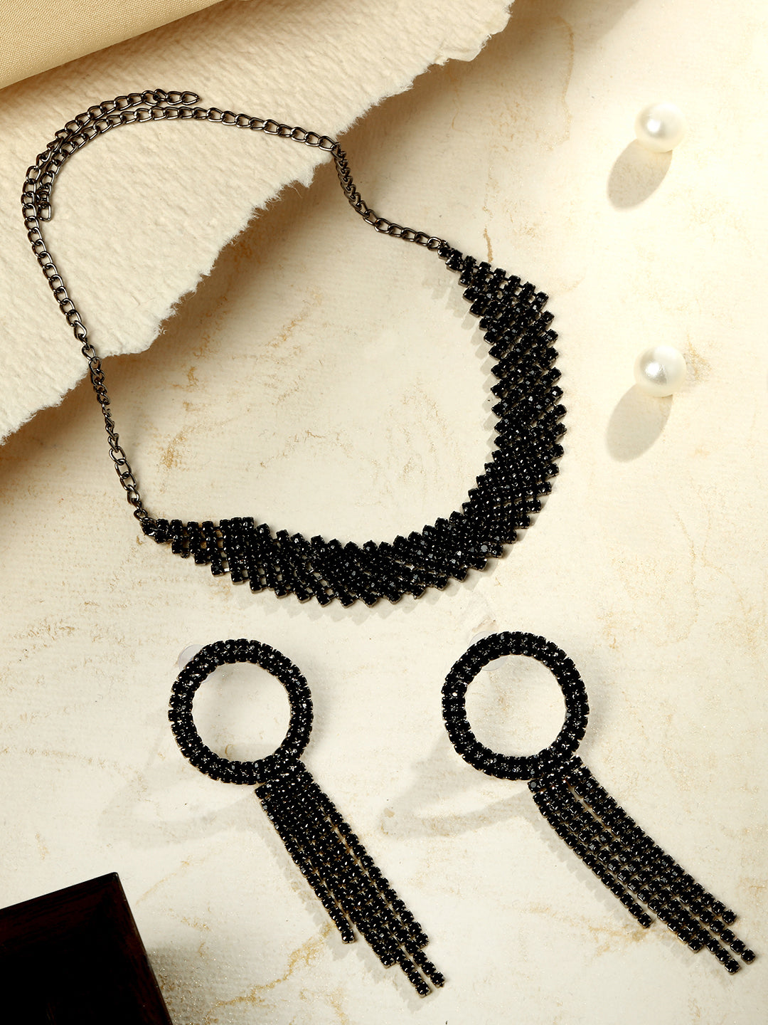 Black Silver-Plated Artifical American Diamonds Necklace Set With Hoop Earring