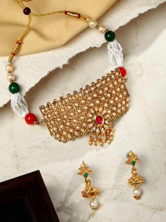 Gold Plating Multicolor American Diamonds Pearl  Jhumka Earring With Necklace Set