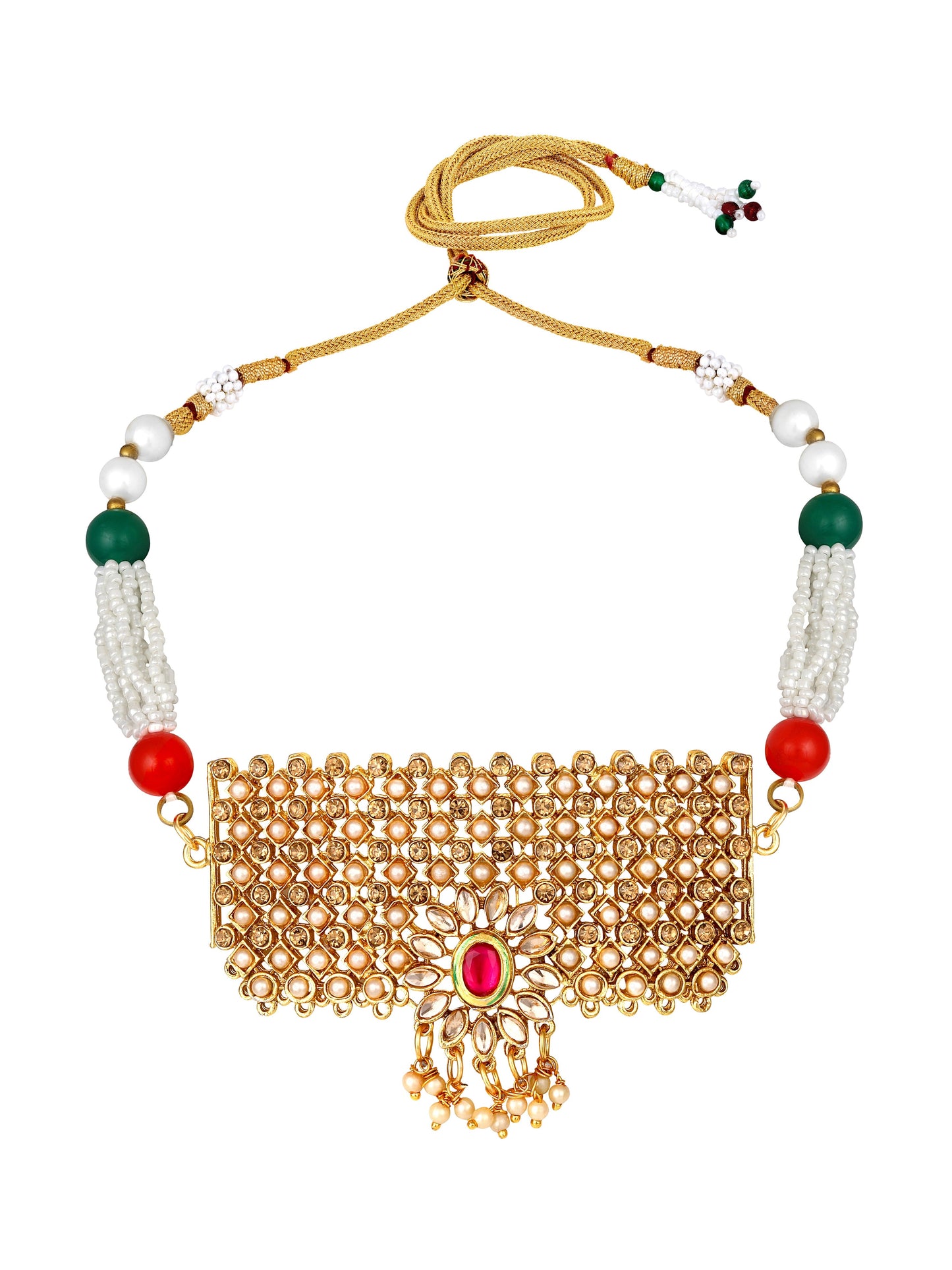 Gold Plating Multicolor American Diamonds Pearl  Jhumka Earring With Necklace Set
