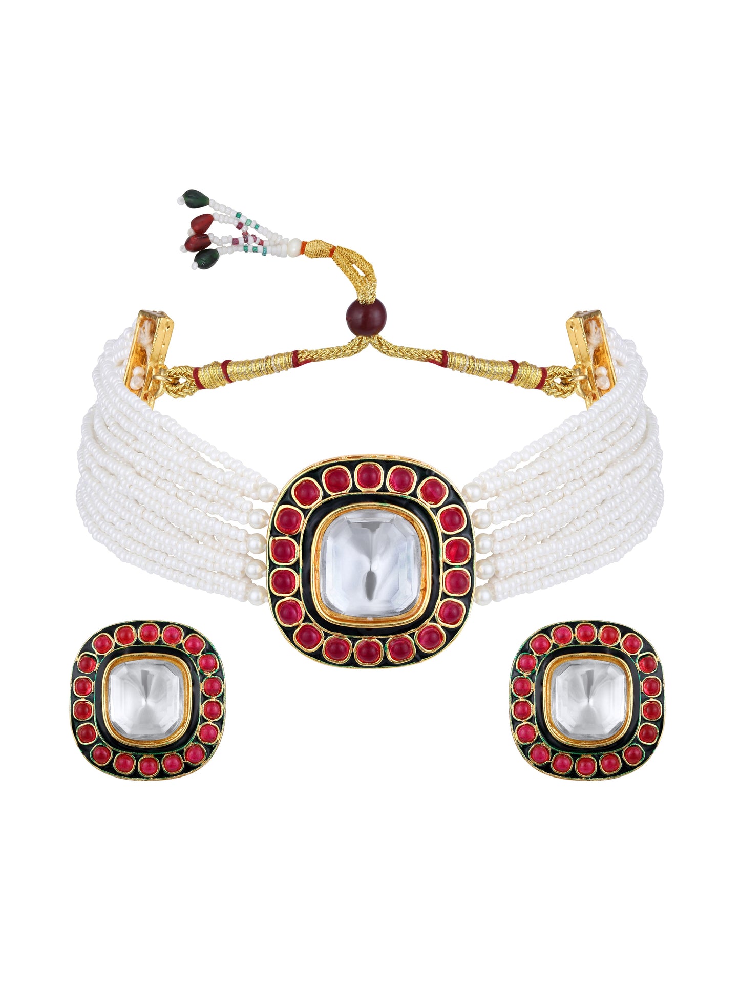 Gold Plating Kundan Pearl Necklace Set With Stud Earring