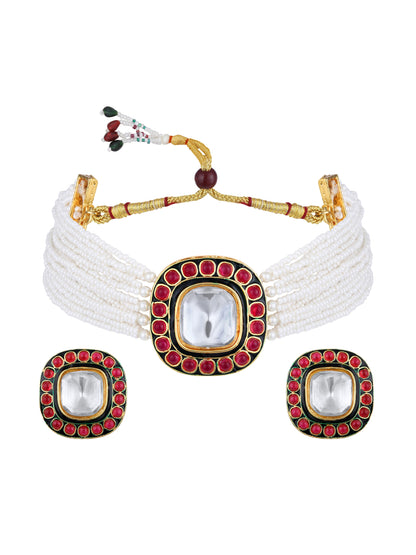 Gold Plating Kundan Pearl Necklace Set With Stud Earring