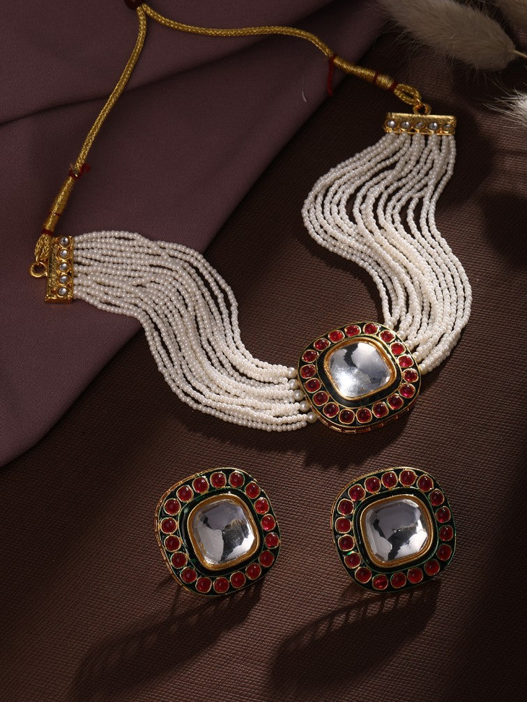 Gold Plating Kundan Pearl Necklace Set With Stud Earring