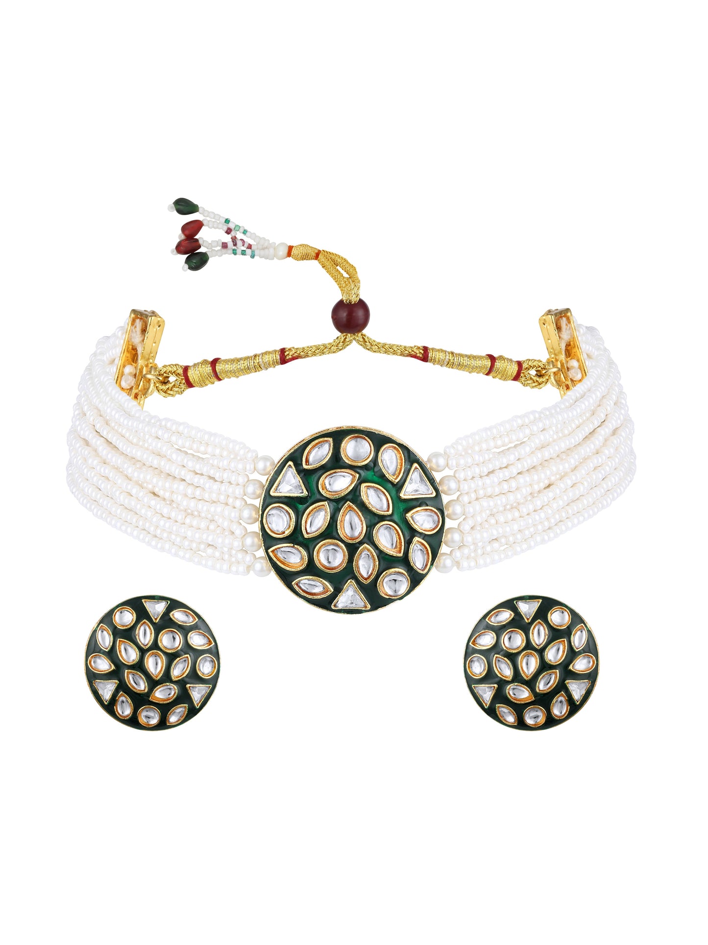 Gold Plating Kundan Pearl Necklace Set With Stud Earring