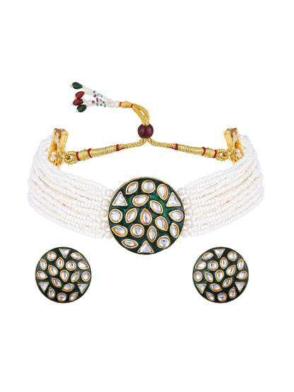 Gold Plating Kundan Pearl Necklace Set With Stud Earring