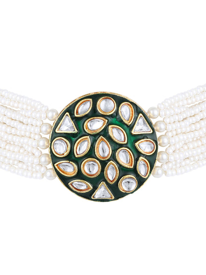 Gold Plating Kundan Pearl Necklace Set With Stud Earring