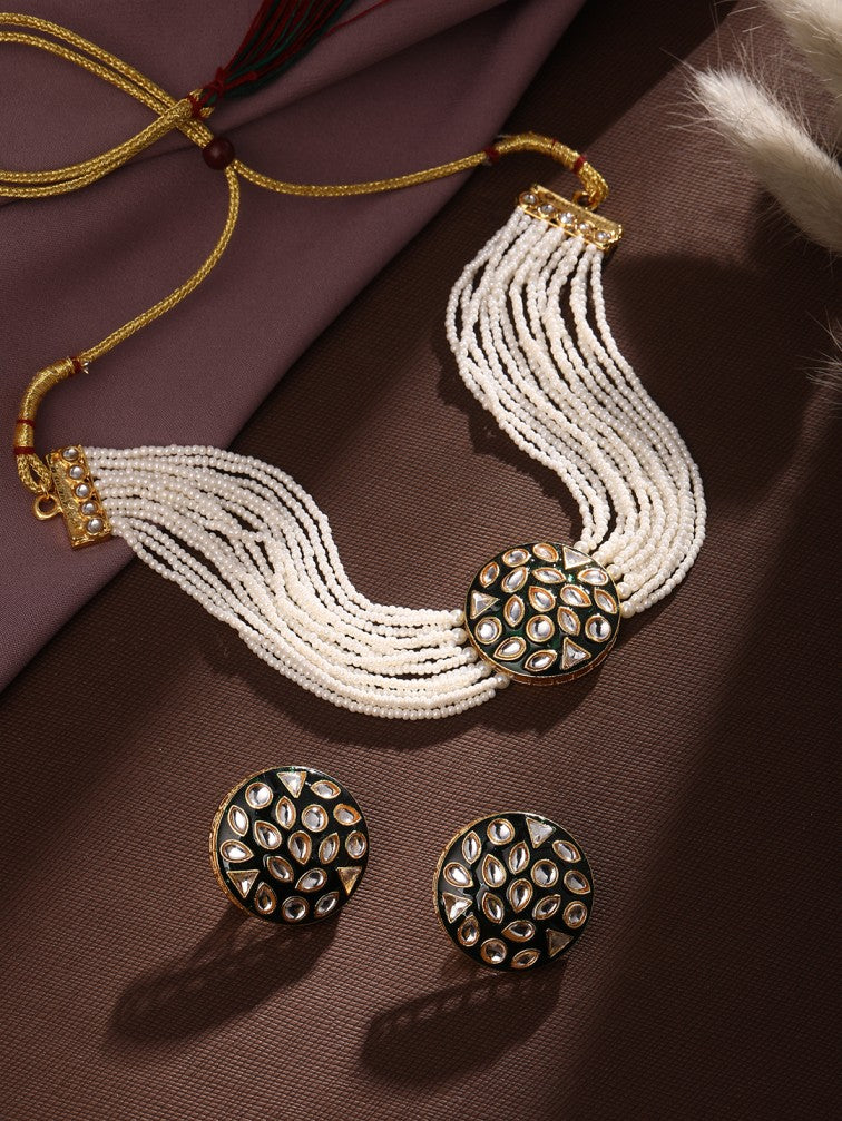 Gold Plating Kundan Pearl Necklace Set With Stud Earring