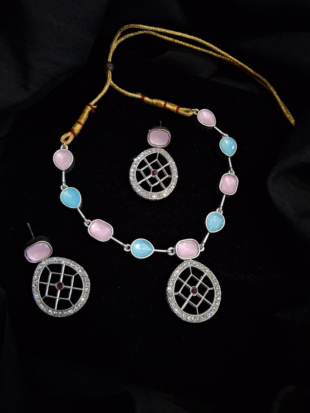 Rajwadi Style Matte Silver Plated Baby Pink And Blue Stone Studded Jewellery Set