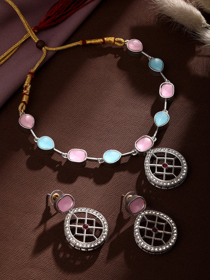 Rajwadi Style Matte Silver Plated Baby Pink And Blue Stone Studded Jewellery Set