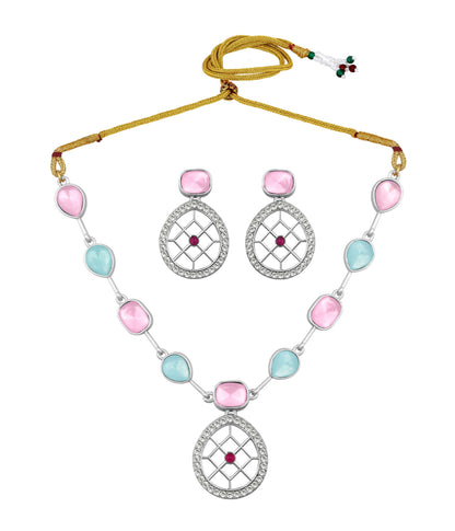 Rajwadi Style Matte Silver Plated Baby Pink And Blue Stone Studded Jewellery Set