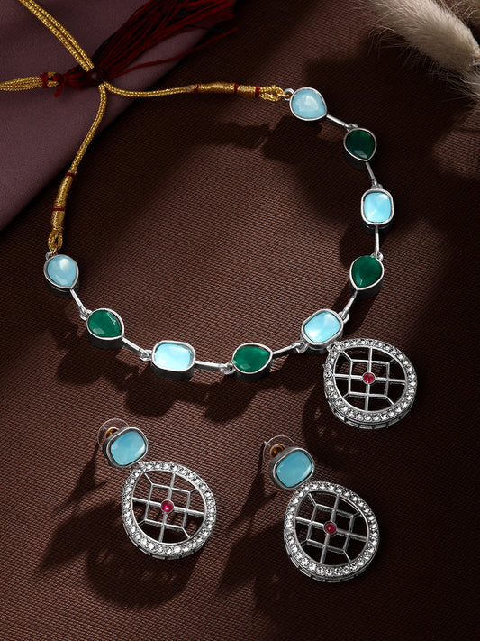 Rajwadi Silver Plated Green And Blue Stone Studded Jewellery Set