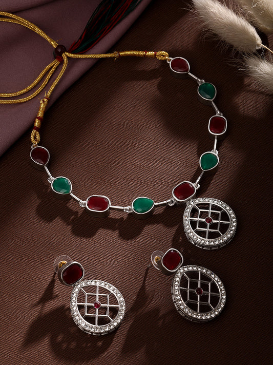 Rajwadi Style Matte Silver Plated Red And Green Stone Studded Jewellery Set