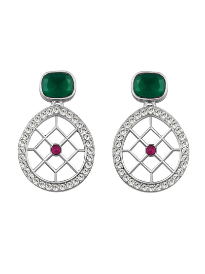 Rajwadi Style Silver Plated Maroon And Green Stone Studded Jewellery Set