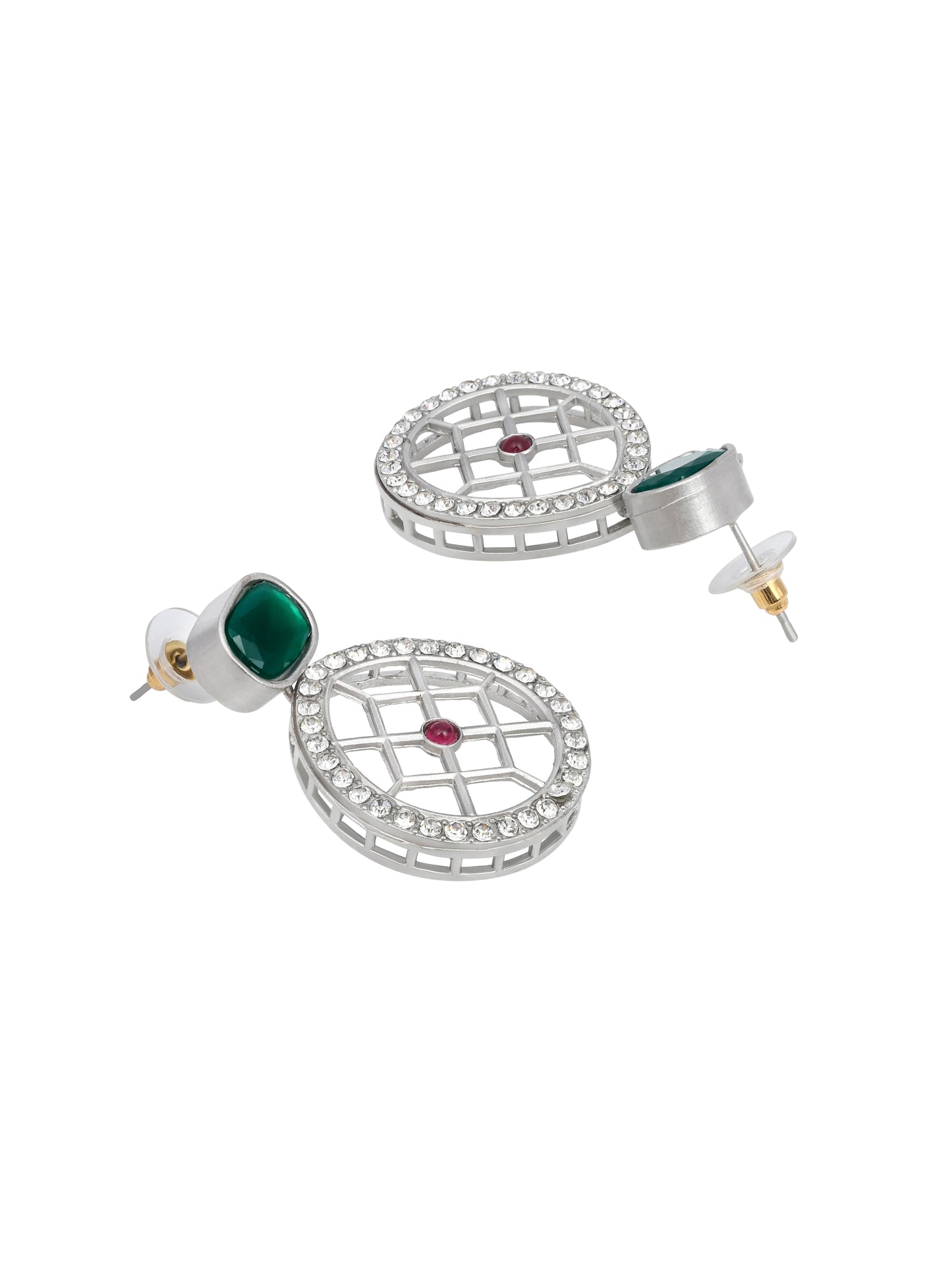 Rajwadi Style Silver Plated Maroon And Green Stone Studded Jewellery Set