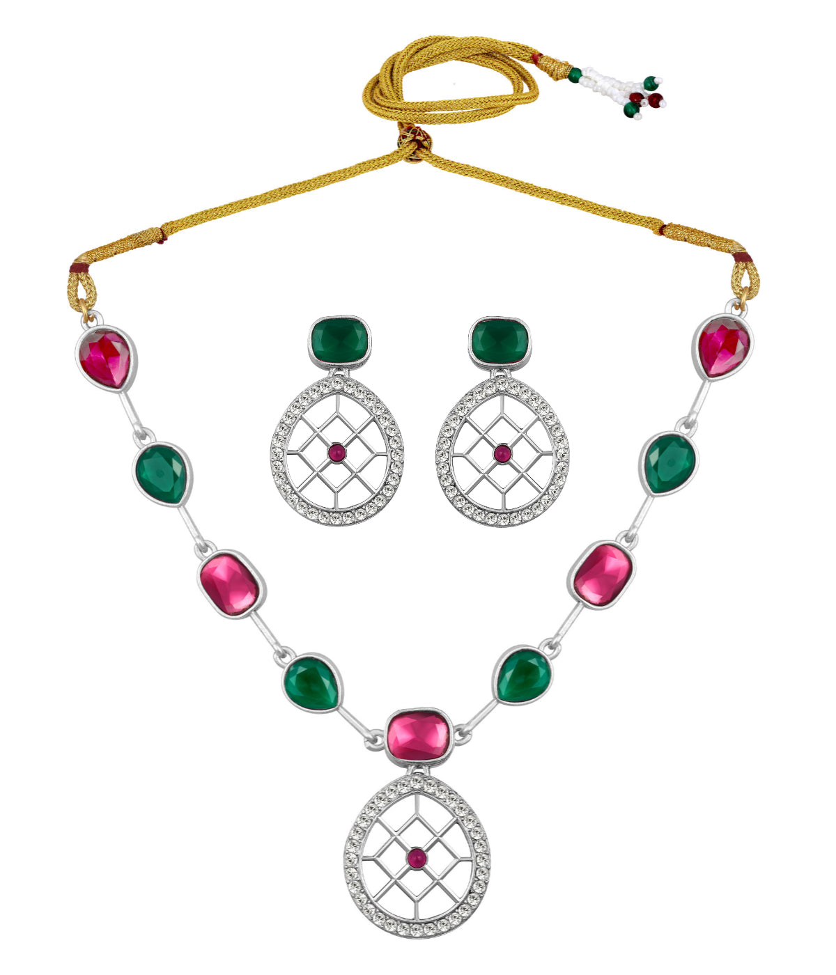 Rajwadi Style Silver Plated Maroon And Green Stone Studded Jewellery Set