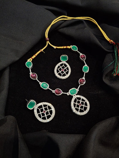 Rajwadi Style Silver Plated Maroon And Green Stone Studded Jewellery Set