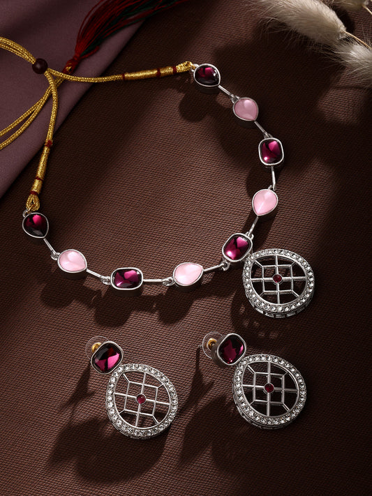 Rajwadi Style Matte Silver Plated Baby Pink And Purple Stone Studded Jewellery Set