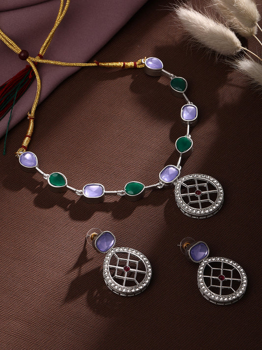 Rajwadi Style Matte Silver Plated Purple And Green Stone Studded Jewellery Set