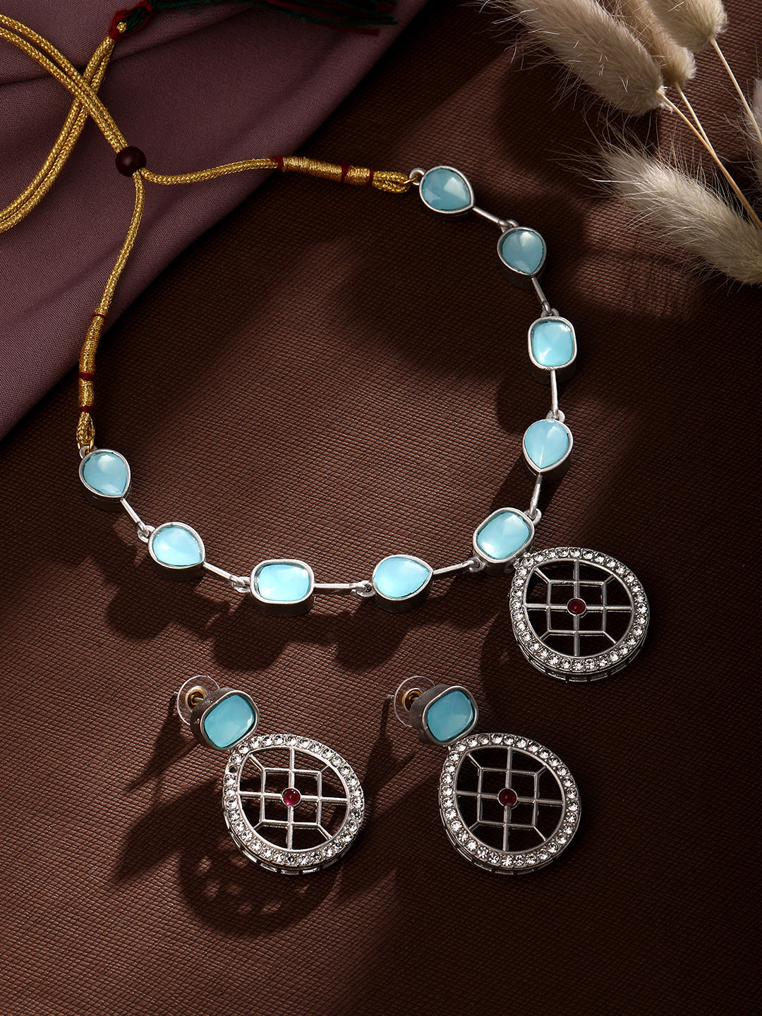 Rajwadi Style Matte Silver Plated Ocean Blue Stone Studded Jewellery Set