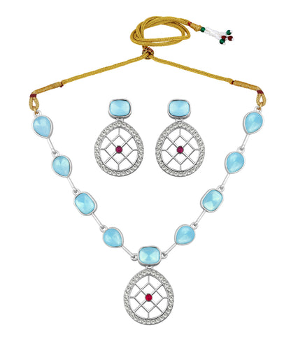 Rajwadi Style Matte Silver Plated Ocean Blue Stone Studded Jewellery Set