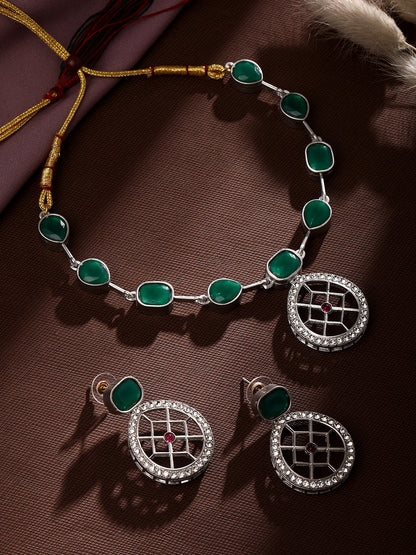 Rajwadi Style Matte Silver Plated Green Stone Studded Jewellery Set