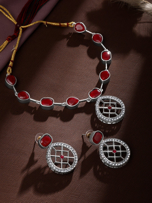 Rajwadi Style Matte Silver Plated Ruby Red Stone Studded Jewellery Set