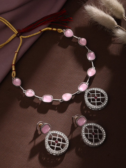 Rajwadi Silver Plated Baby Pink Stone Studded Jewellery Set