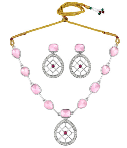 Rajwadi Silver Plated Baby Pink Stone Studded Jewellery Set