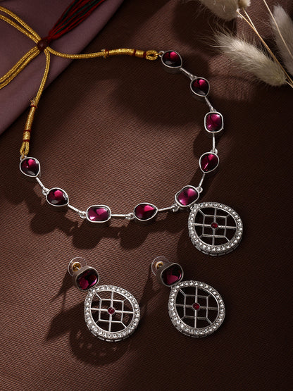 Rajwadi Style Matte Silver Plated Maroon Stone Studded Jewellery Set