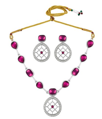 Rajwadi Style Matte Silver Plated Maroon Stone Studded Jewellery Set